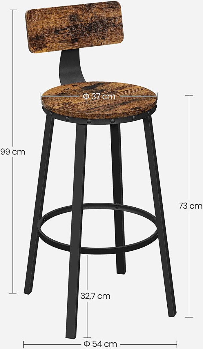 Hoppa! Barkruk | Set Van 2 | Barstoelen | Keukenstoelen Met Stevig Metalen Frame | Zithoogte 73 cm | Eenvoudige Montage | Industrieel Design | Vintage Bruin-Zwart