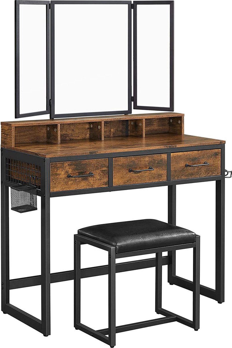 Hoppa! Kaptafel met 3-delige inklapbare spiegel, haardrogerhouder, make-uptafel met gestoffeerde kruk, 3 laden, vintage bruin-zwart