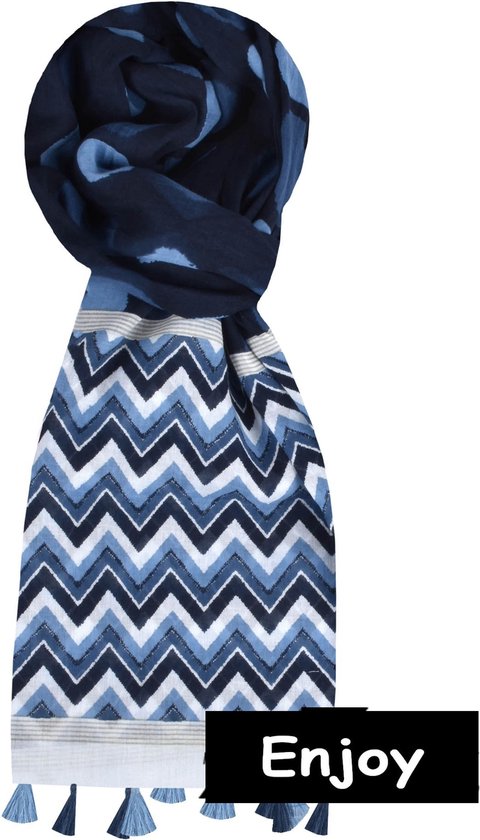 blauwe sjaal- india katoen- met kwastjes -langwerpig