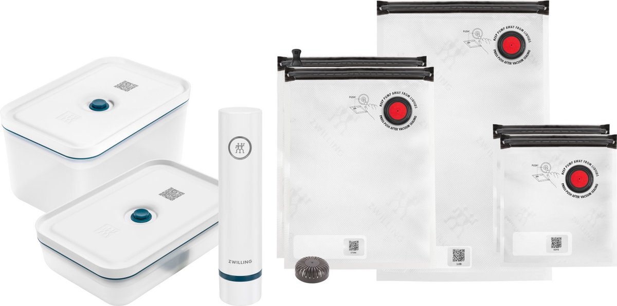 Zwilling Fresh & Save Vacumeermachine – 8-delige Startset Vacuüm Sealer – La Mer Blauw - Vacuümzakken (5x) – Plastic Vacuüm Bewaardoos (2x) – Vacuümpomp (1x)