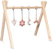 Houten babygym | Massief houten speelboog tipi vorm met bloem en regenboog hangers - blank | toddie.nl