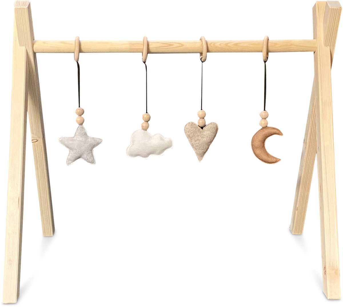 Tipi houten babygym | Massief houten speelboog tipi vorm met naturel hangers - blank | toddie.nl