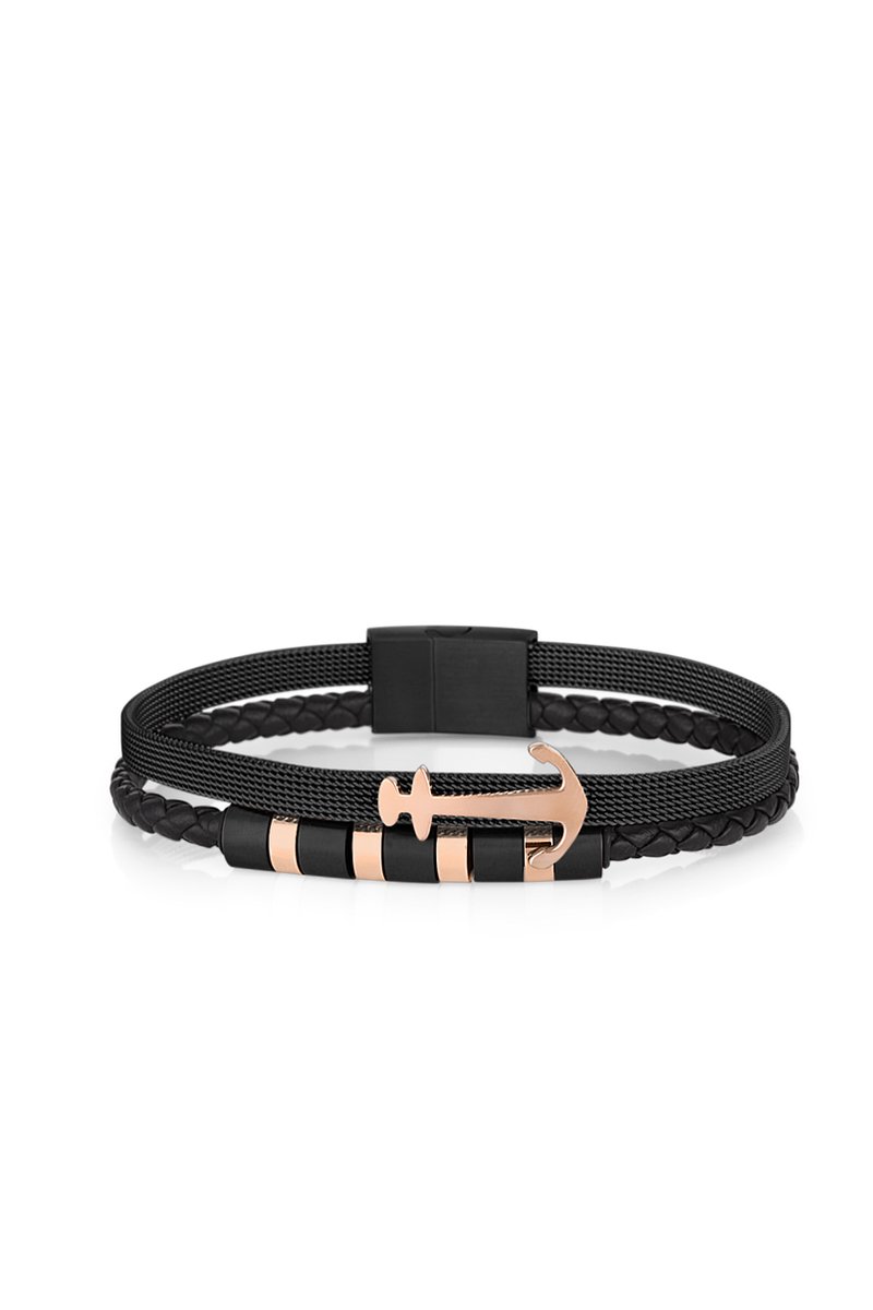 Daniel Klein DKJ.4.2155-4 - Armband - Mannen - Heren- Staal - Leer - Zwart - Rosékleurig