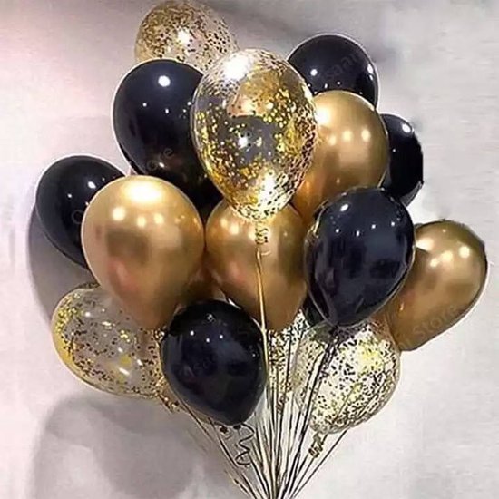 Knoopballon - Zwart/Goud/Transparant - 12 stuks