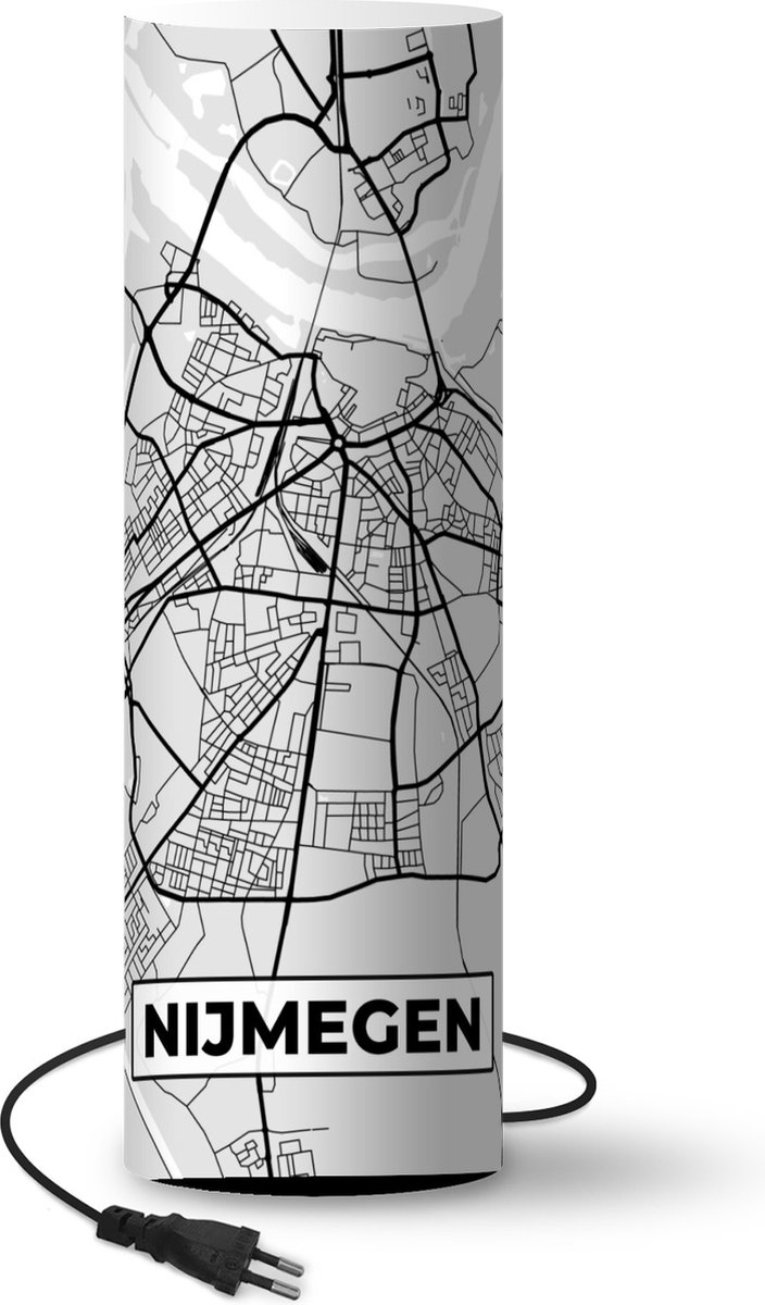 Lamp - Nachtlampje - Tafellamp slaapkamer - Stadskaart - Nijmegen - Grijs - Wit - 70 cm hoog - Ø22.3 cm - Inclusief LED lamp - Plattegrond