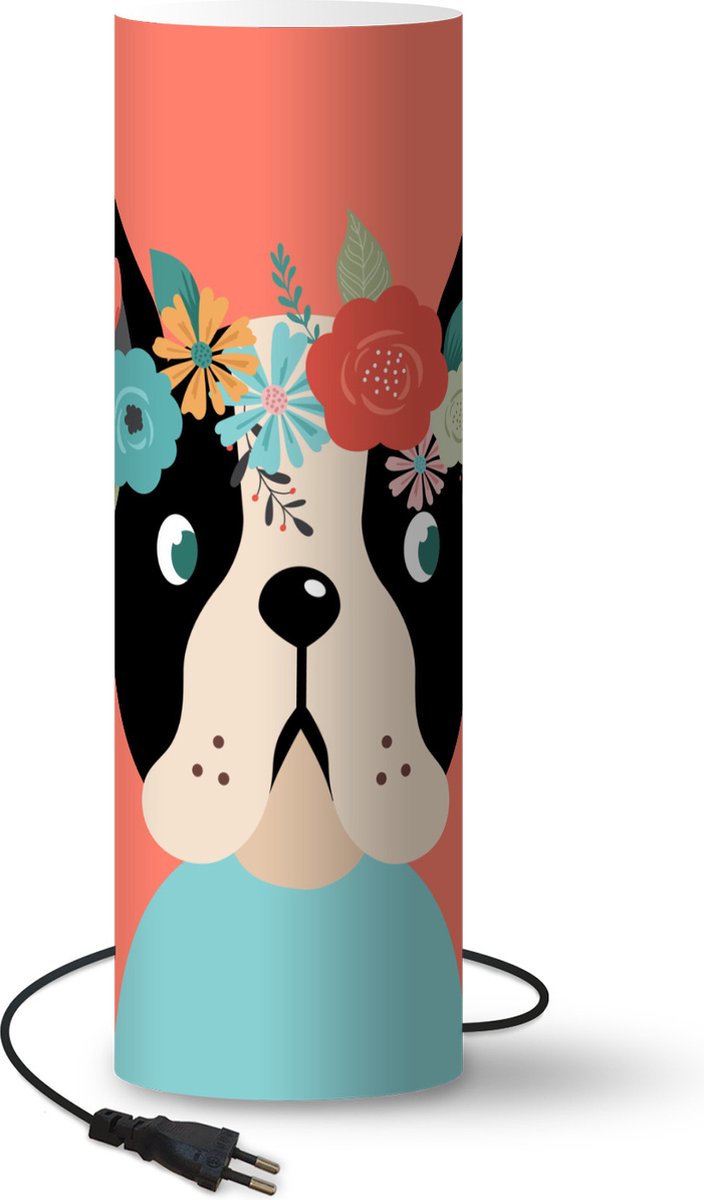 Lamp - Nachtlampje - Tafellamp slaapkamer - Hond - Bloemen - Roze - 60 cm hoog - Ø19.1 cm - Inclusief LED lamp