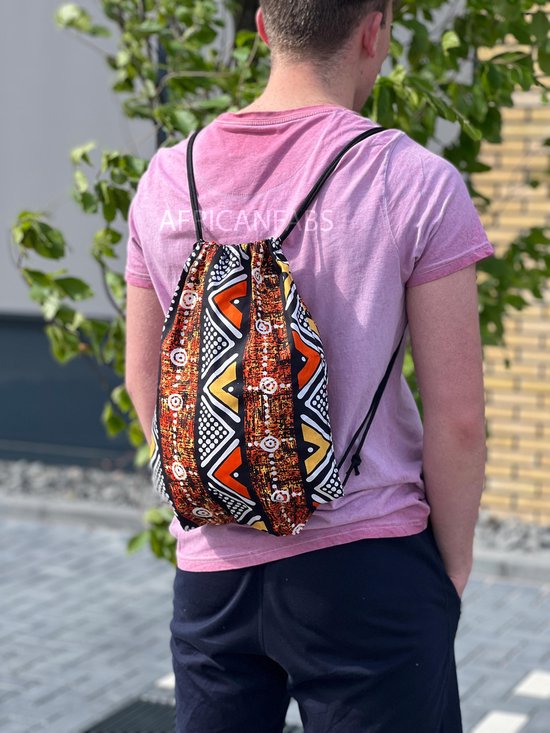 Sac à dos imprimé africain / sac de sport / sac d'école avec cordon de serrage - Bogolan Oranje / blanc - sac à cordon