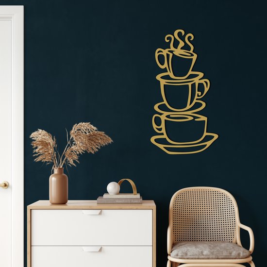 Wanddecoratie | Koffiekopjes  / Coffee Cups | Metal - Wall Art | Muurdecoratie | Woonkamer |Gouden| 32x60cm