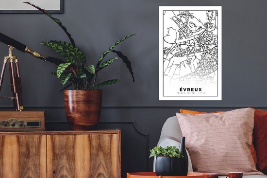 Stickers muraux - Plan de ville - Carte - Évreux - Carte - France - Zwart et blanc - 40x60 cm - Film adhésif