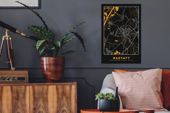 Stickers muraux - Allemagne - Black and Gold et Or - Rastatt - Plan de la ville - Carte - Plan d'étage - 40x60 cm - Feuille adhésive