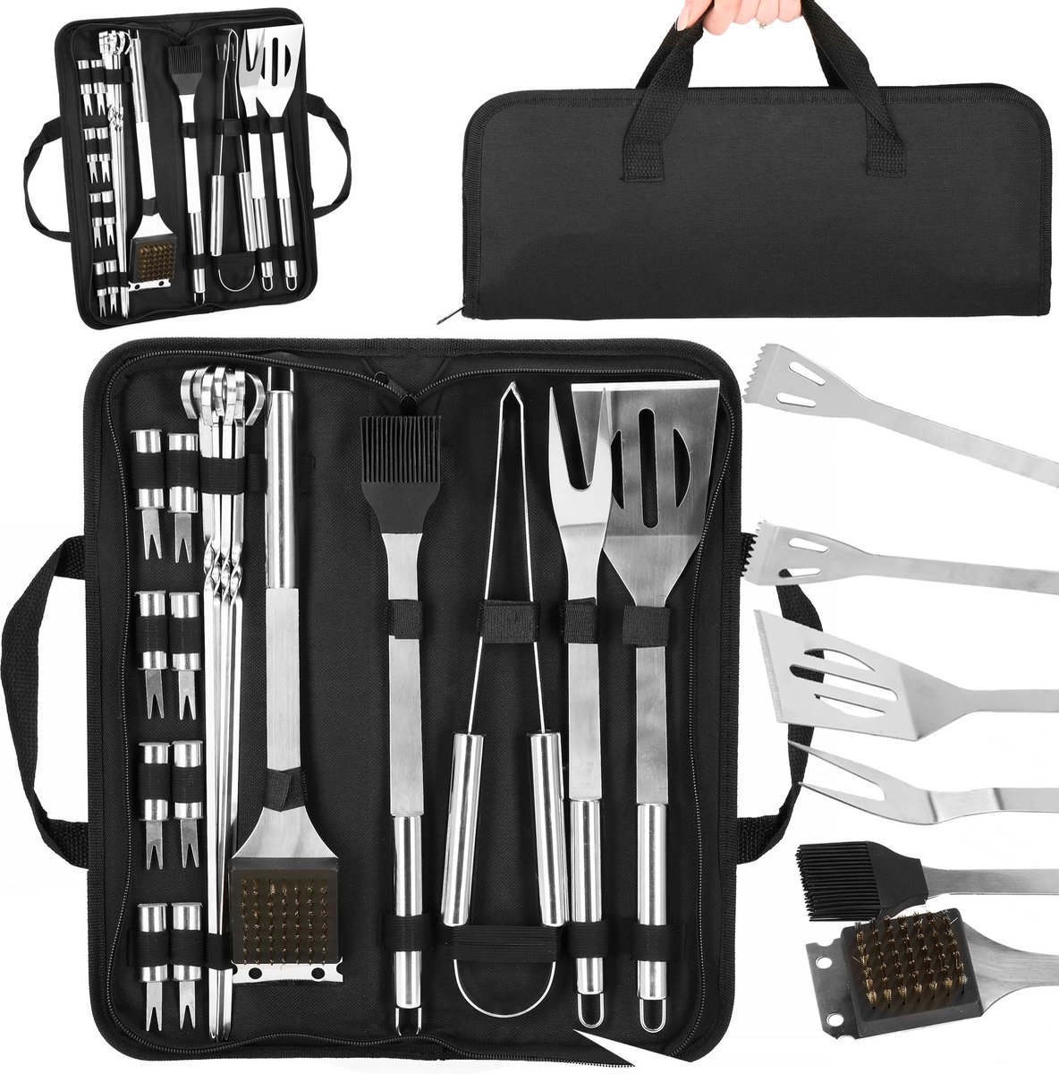 Springos BBQ Accesoires | BBQ Gereedschap| 20 Delige Set | Inclusief Luxe Draagtas | Roestvrij Staal
