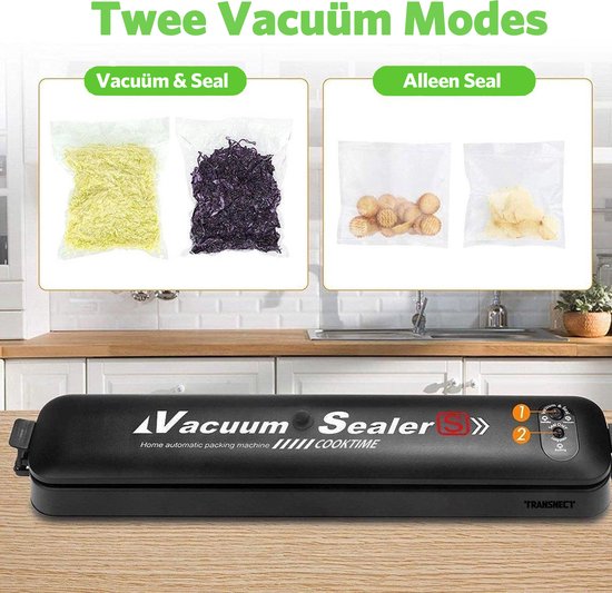 vacumeermachine - vacumeer sealer- met 10 x vaccumzakken - voor groente, fruit, vlees, vis en ander vers voedsel - Zwart