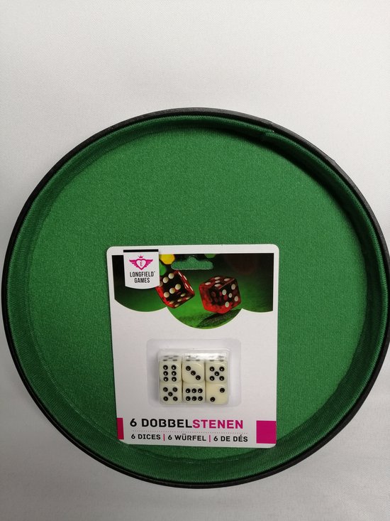 Afbeelding van het spel Yathzeebord - Dobbelpiste -  Dobbelbak -  Rond Zwart Vinyl met Groen Vilt -  26cm - Inclusief 6 Dobbelstenen - Cadeau Tip !!