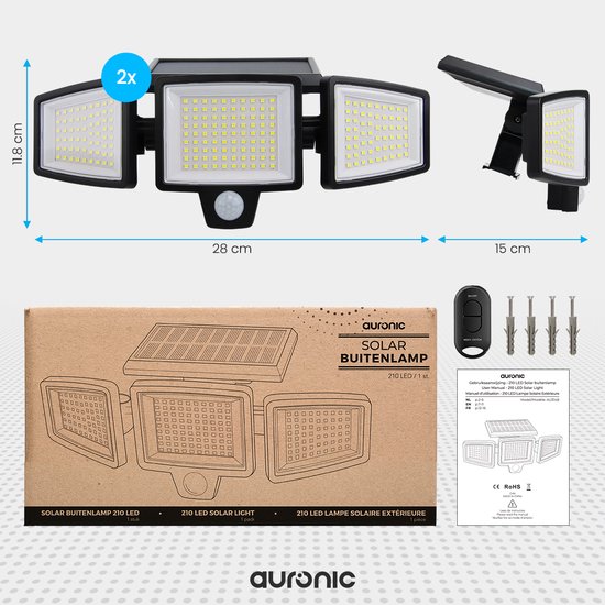 Auronic Solar Buitenlamp, 210 LED's, met afstandsbediening, gebruiksaanwijzing en bevestigingsmateriaal.
