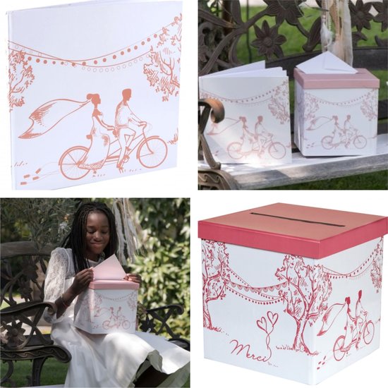 2-delige set met een enveloppendoos en een gastenboek Romantic pink - gastenboek - moneybox - enveloppendoos - trouwen - huwelijk - bruiloft