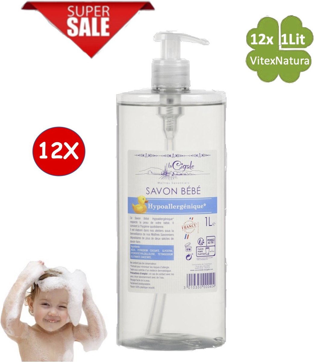 Goedkoopste La Cigale 12x1L Baby douche gel verzorging ♥ Marseille Babyzeep vloeibaar Hypoallergeen. Zonder conserveermiddel, kleurstoffen, geur