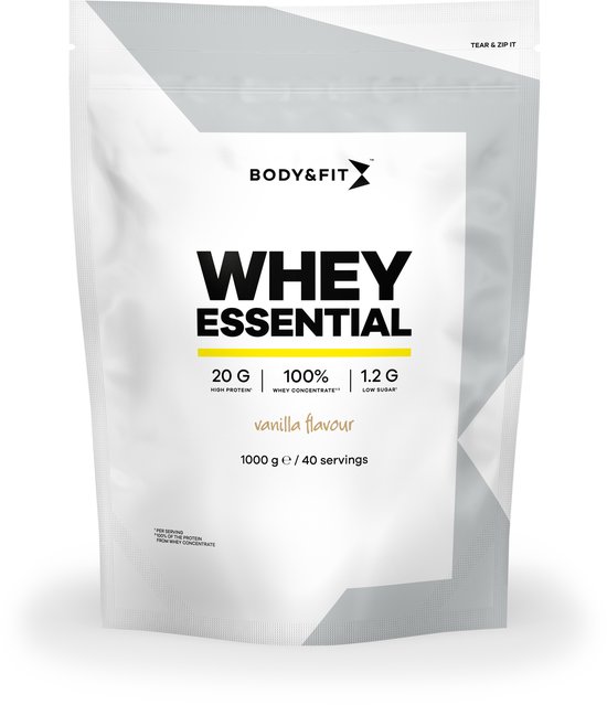 Body & fit whey essential - eiwitpoeder vanille - proteine poeder - whey protein - 40 shakes (1000 gram)