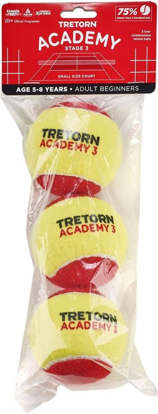 Drie Tretorn Academy Stage 3 tennisballen in een plastic verpakking. Ballen zijn geel met rode randen.