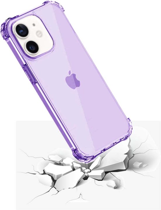 Paars doorzichtig siliconen hoesje met schokabsorberende hoeken, crasht door een barst.