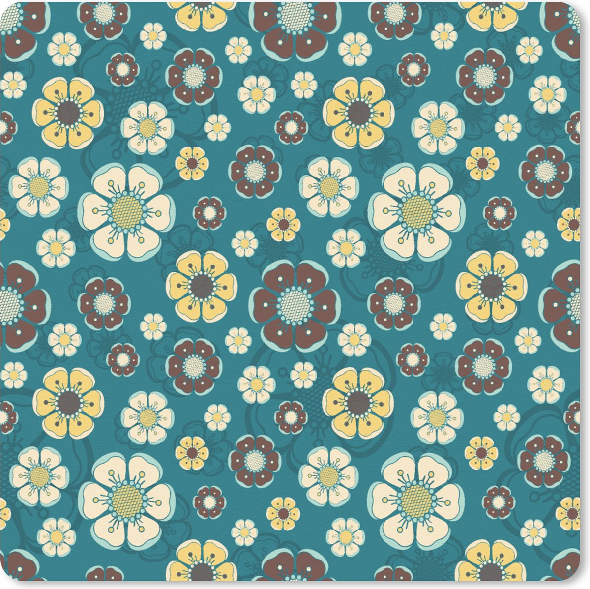 Muismat XXL 60x60 cm - Bureau onderlegger - Bureau mat Retro - Bloemen - Patronen - Blauw - Bureaumat - Gaming mousepad xl - Bureaulegger groot - Computer deskmat