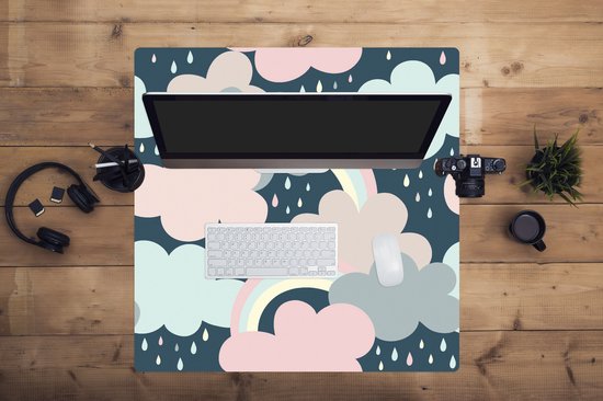Muismat XXL 80x80 cm - Bureau onderlegger - Bureau mat Regenboog - Wolk - Regen - Kinderen - Patronen - Bureaumat - Gaming mousepad xl - Bureaulegger groot - Computer deskmat