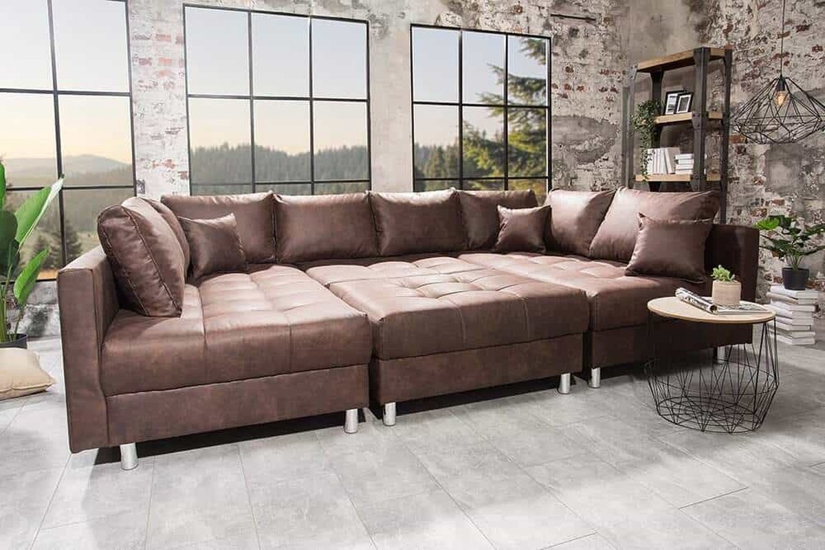 Hoekbank wooneiland Zenith Vintage bruin - Hoeksalon met poef hocker - U vorm zitbank - zetelsenbedden