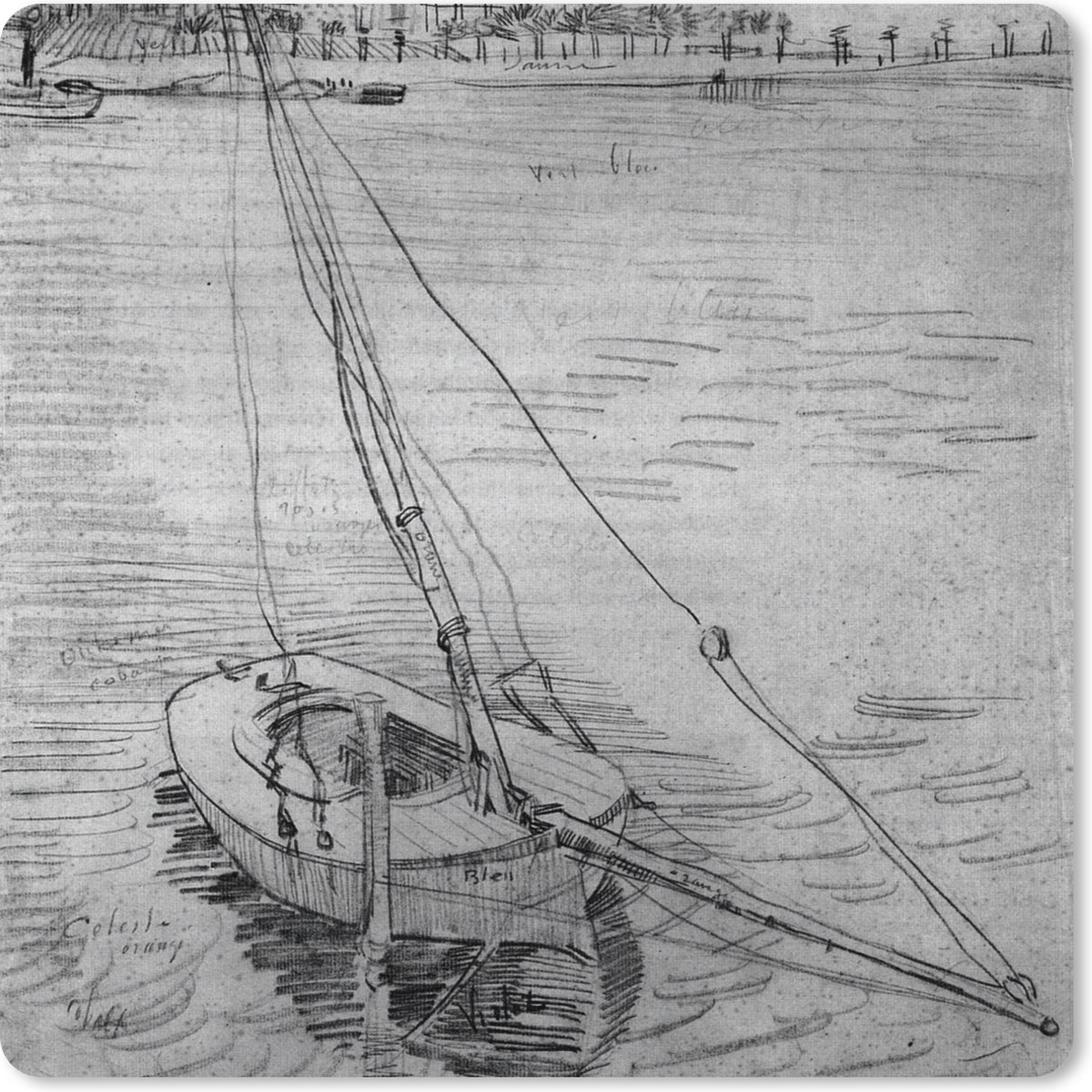 Muismat XXL 50x50 cm - Bureau onderlegger - Bureau mat Zeilboot op de Seine bij Asnières - Vincent van Gogh - Zwart - Wit - Bureaumat - Gaming mousepad xl - Bureaulegger groot - Computer deskmat