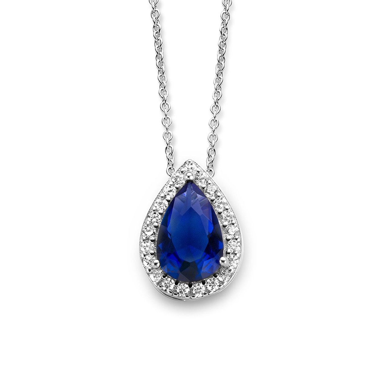 Velini jewels -P2235blu-925 Zilver Ketting + Hanger-Gerodineerd-blauw glazen steen met witte Cubic Zirkonia-40+5cm verlengstuk
