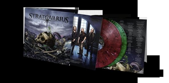 Stratovarius Survive albumhoes met drie bandleden en een schedel met groeiende plant, op de voorgrond felgekleurde vinylplaten.