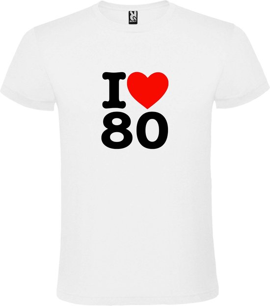 Wit T shirt met  I love (hartje) the 80's (eighties)  print Zwart en Rood size M