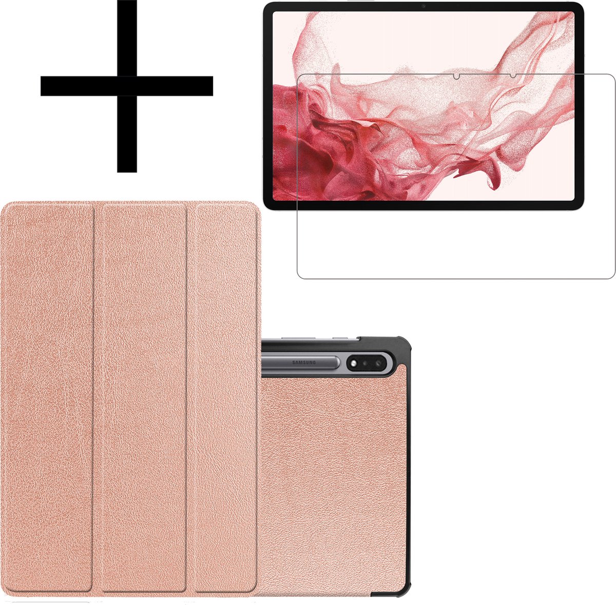 Hoesje Geschikt voor Samsung Galaxy Tab S8 Ultra Hoesje Case Hard Cover Hoes Book Case Met Screenprotector - Rosé goud.