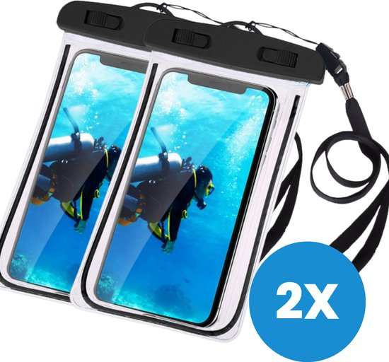 Twee waterdichte telefoonhoesjes met duikers op de schermen, met '2X' aanduiding.
