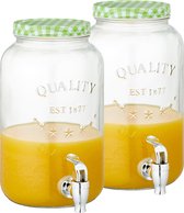 Set van 2x stuks glazen drankdispensers/limonadetap met groen/wit geblokte dop 3,5 liter - Tapkraantje