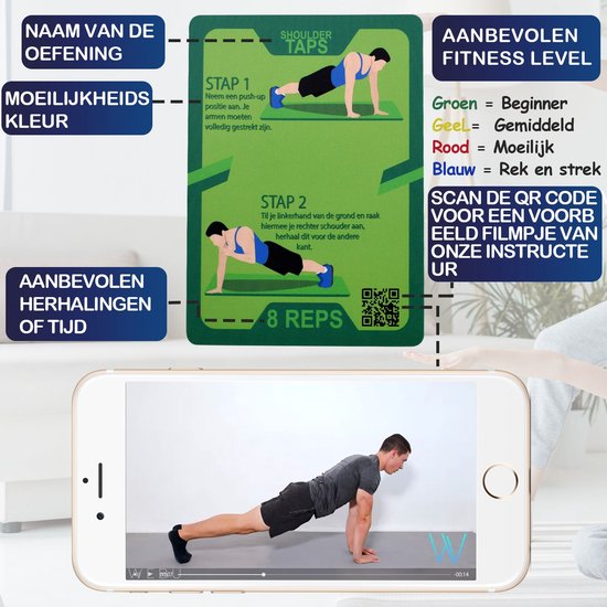 Thumbnail van een extra afbeelding van het spel WEBU Workout Dobbelstenen + 51 Bodyweight Kaarten + 55 Dumbbell Workout Kaarten | Incl. Gratis Trainingsvideo's - Fitness - Crossfit - Thuis Sporten - Krachttraining - Yoga