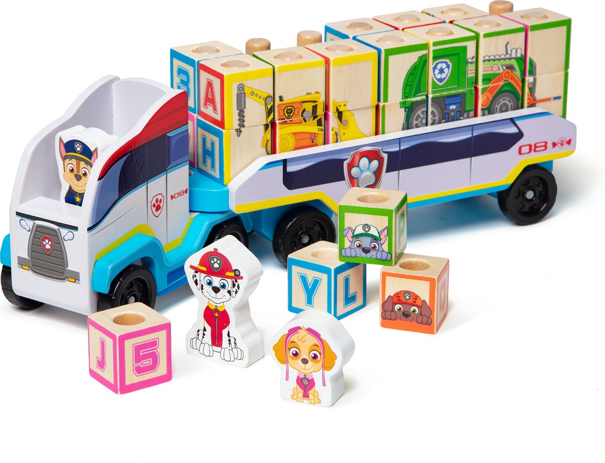 Melissa & Doug - Paw Patrol Truck Houten Blokken ABC Puzzel | Skye, Marshall, Chase | 33 Stuks | Educatief spel | rollenspel | houten speelgoed | 3+ | Cadeau voor jongens en meisjes