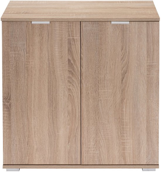 Gesloten houten dressoir met twee deuren en zilverkleurige handgrepen, in eikenkleur.