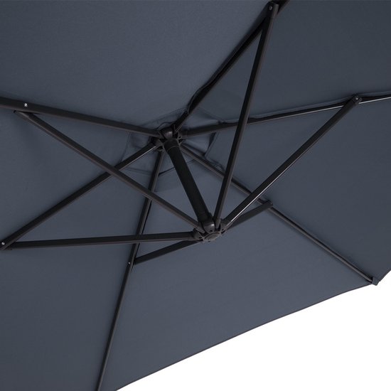 Onderkant van een donkergrijze parasol met zwart metalen frame.
