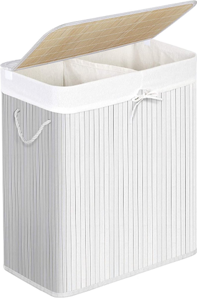Goedkoopste Hoppa! Wasmand van bamboe, wasverzamelaar met 2 compartimenten, wassorteermachine met deksel en verwijderbare waszak, katoenen handvatten, 100 L wasbox, witte