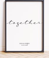 TOGETHER POSTER (A3 - 29,7 X 42 cm) | Gepersonaliseerd met datum | Gepersonaliseerd met naam | Gepersonaliseerde trouwposter | Jubileum cadeau | Koppel cadeau | Relatie | Trouwen | Samenwonen