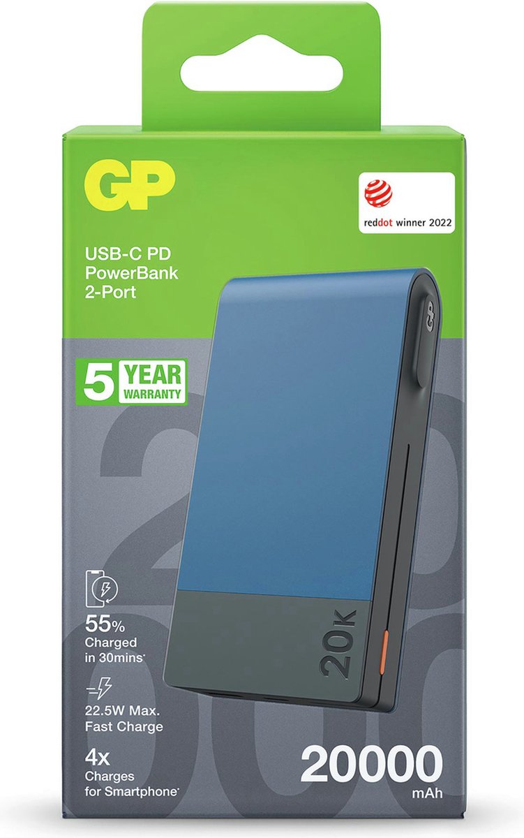 GP Batteries MP20B Powerbank 20000 mAh Power Delivery Li-ion Blauw