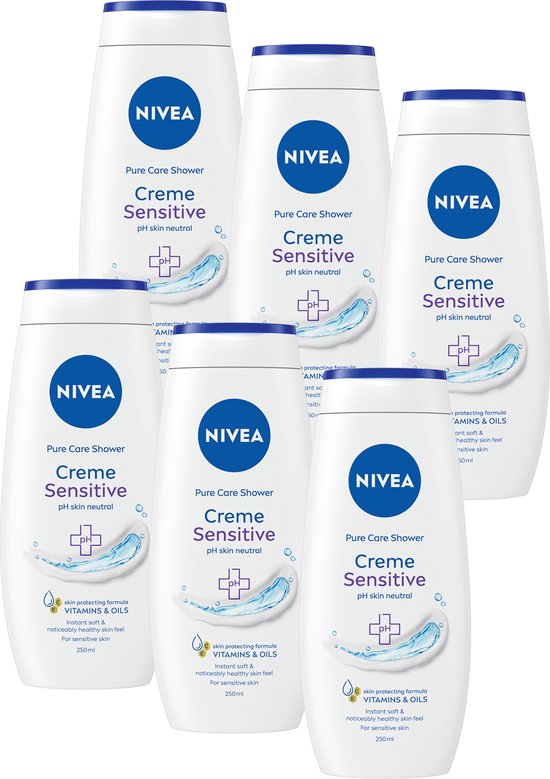NIVEA Crème Sensitive Douchecrème– Zeepvrij – Met vitamine C en E - Bevat 3 heilzame oliën - Voordeelverpakking 6 x 250 ml