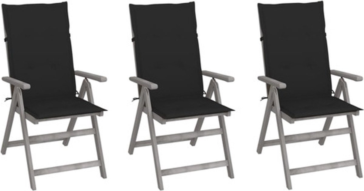 vidaXL - Tuinstoelen - 3 - st - verstelbaar - met - kussens - massief - acaciahout