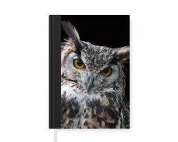 Notitieboek - Schrijfboek - Portret van een bruine uil met een zwarte achtergrond - Notitieboekje klein - A5 formaat - Schrijfblok