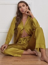 MKL - Dames Pyjama Nachthemd Satijn / Kamerjassen - Elegant Nachtjapon - Mosterd geel Nachthemd - Lingerie set van 2, Broek en blouse - Kimono - Lingerie - Nachtbadjas - Badjas - Nachtjapon - Slaapkleding - Lounge pantalon - Maat M