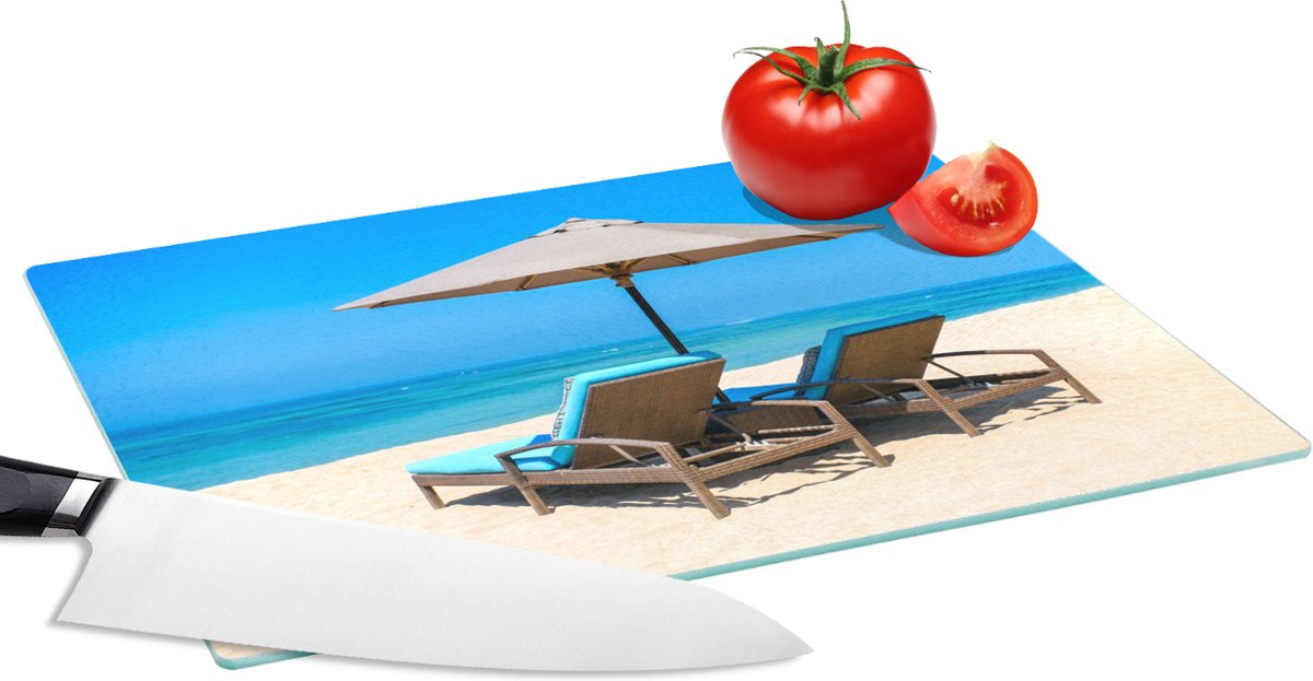 Glazen Snijplank - 28x20 - Strandstoel - Parasol - Zomer - Zee - Snijplanken Glas