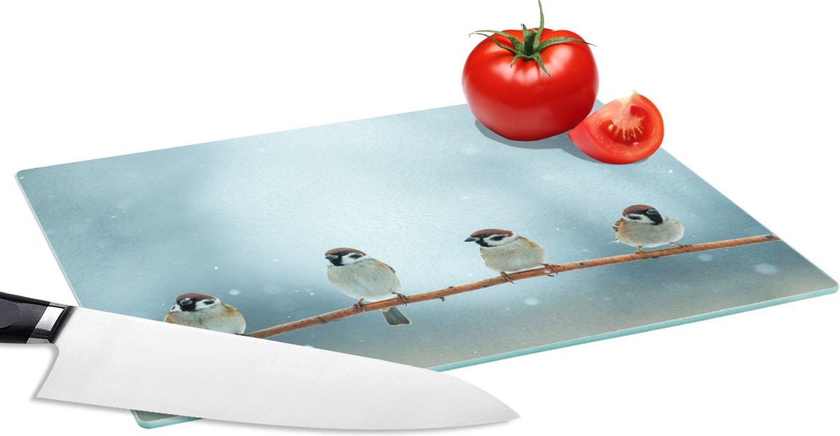 Glazen Snijplank - 28x20 - Vogels - Mus - Sneeuw - Winter - Snijplanken Glas