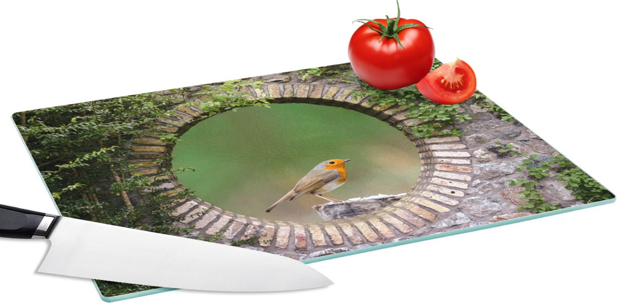 Glazen Snijplank - 39x28 - Vogel - Doorkijk - Roodborstje - Snijplanken Glas