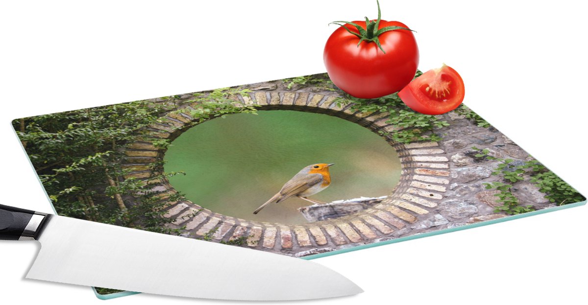Glazen Snijplank - 28x20 - Vogel - Doorkijk - Roodborstje - Snijplanken Glas