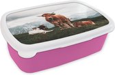 Broodtrommel Roze - Lunchbox - Brooddoos - Dieren - Koe - Berg - 18x12x6 cm - Kinderen - Meisje