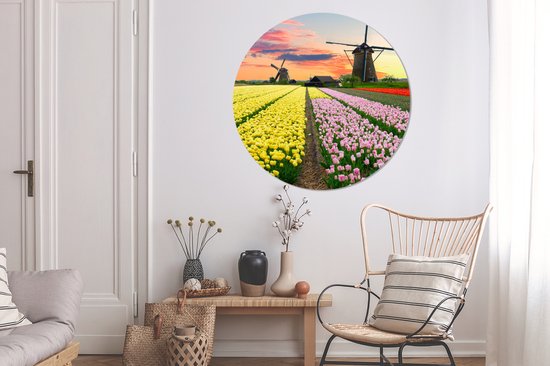 WallCircle - Wall Circle - Wall Circle Indoor - Moulin à Vent - Tulipes - Fleurs - Nederland - 150x150 cm - Décoration murale - Peintures Ronds